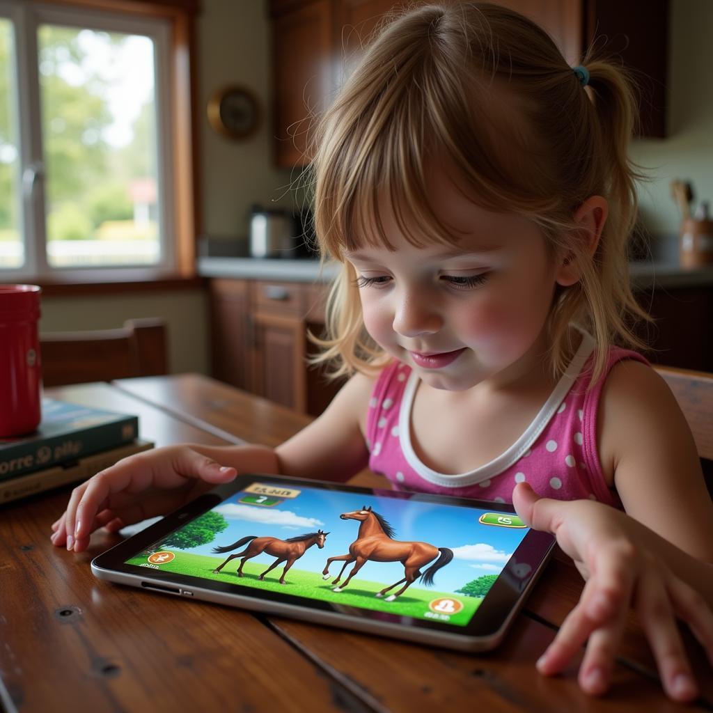 Young Girl Playing a Horse Game on a Tablet