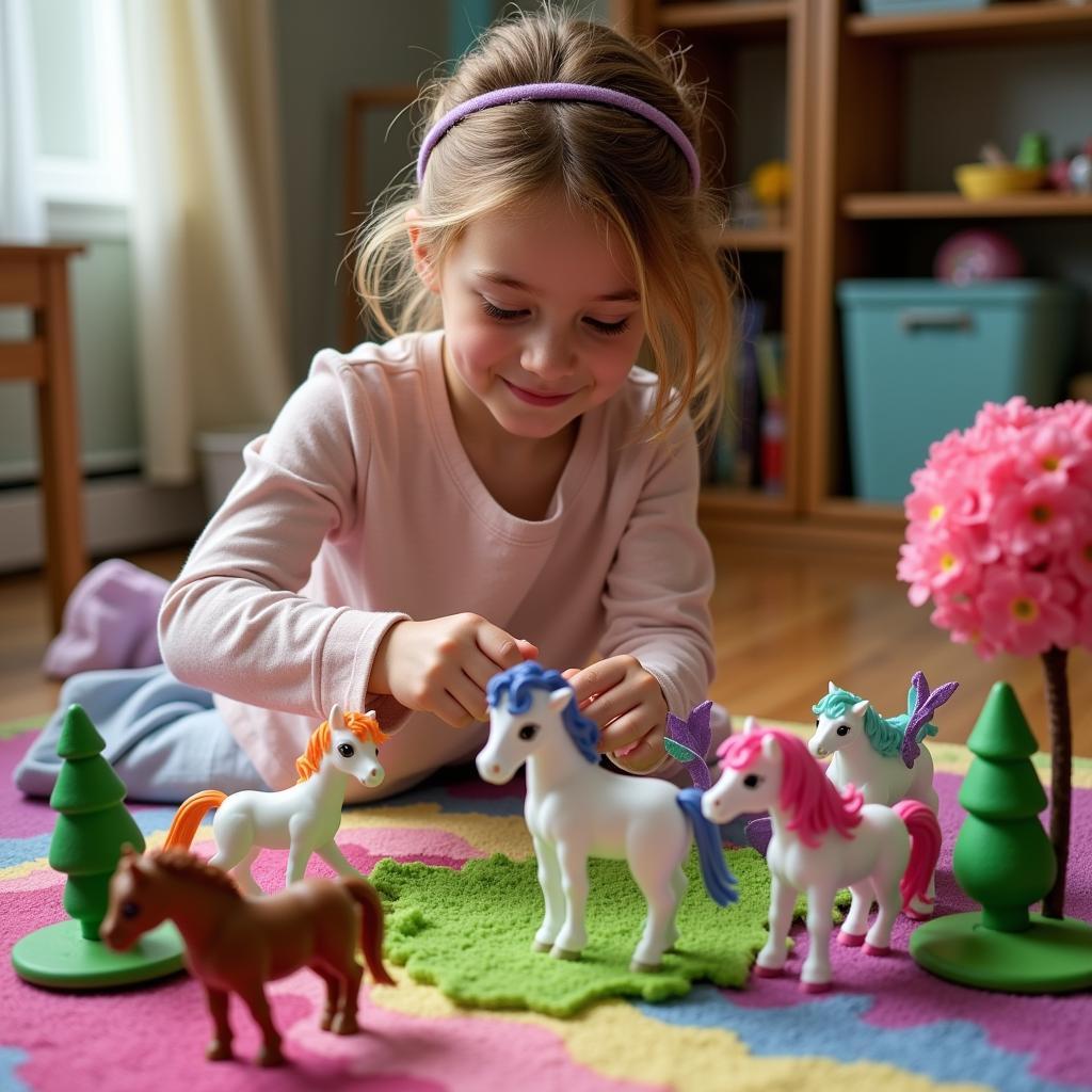 Young Girl Sets Up Breyer Unicorns for Imaginary Play