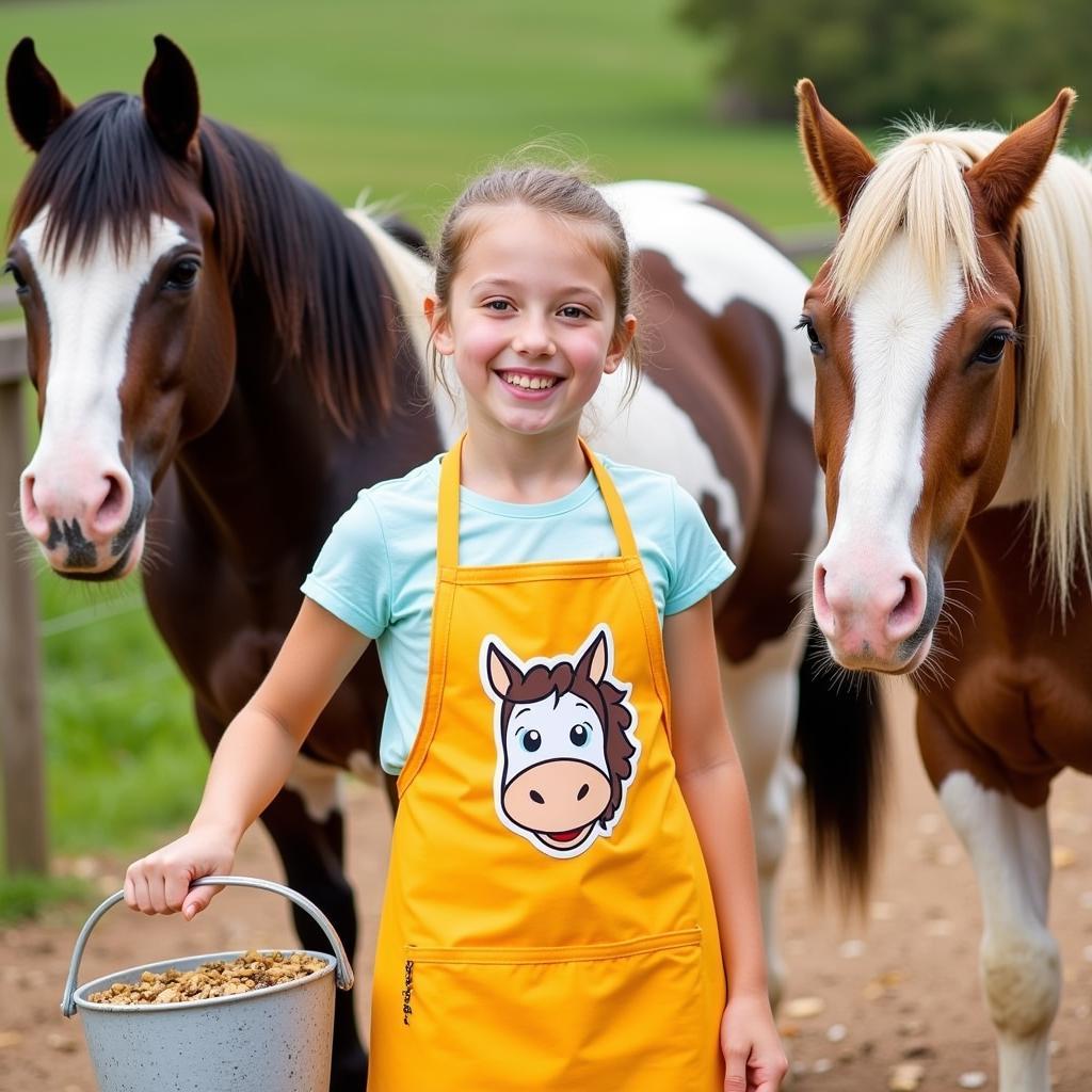 Young Girl Wearing Horse Apron While Feeding Ponies