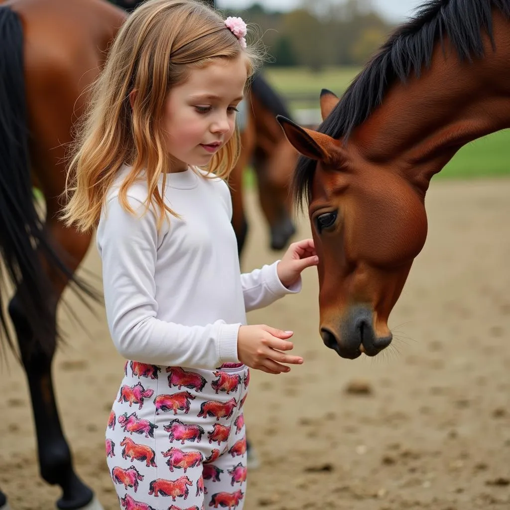 A young girl smiles brightly, wearing comfortable horse print leggings while petting a horse.