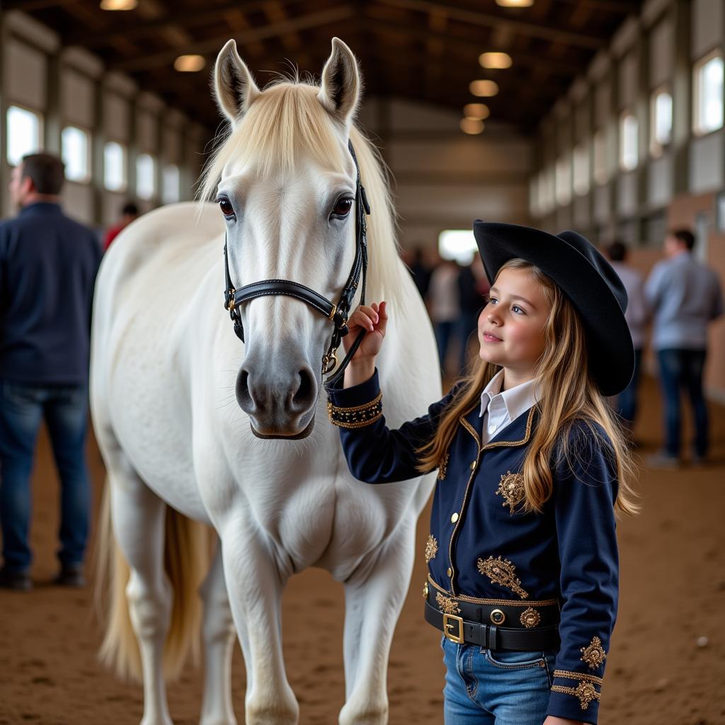 Young girl preparing her Arabian horse for a show