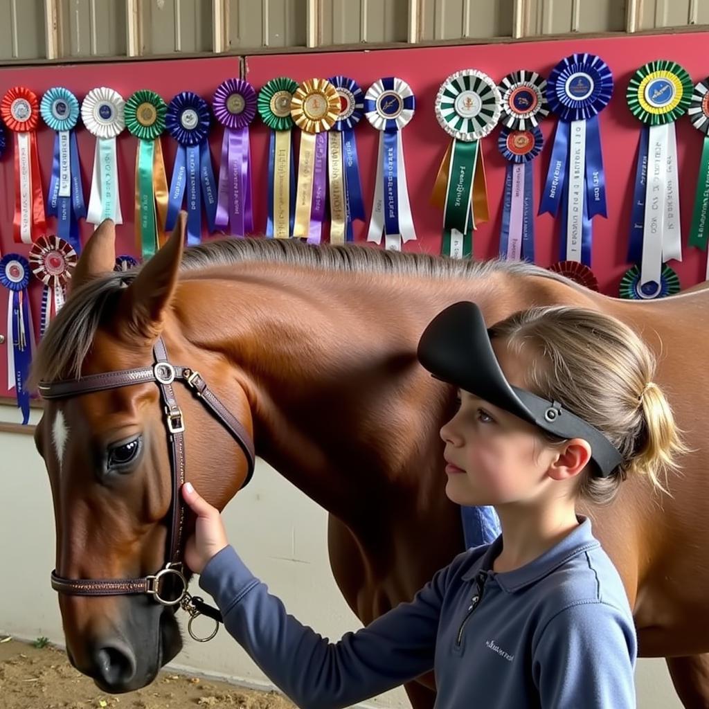 Young Rider Grooming Her Horse with Ribbons in the Background