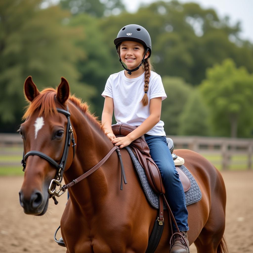 A young rider confidently sits astride a full-size horse, outfitted with a perfectly fitted youth saddle.