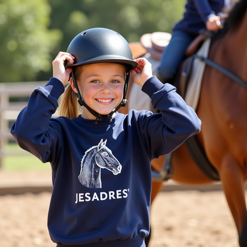 Youth wearing a horse sweatshirt during a riding lesson