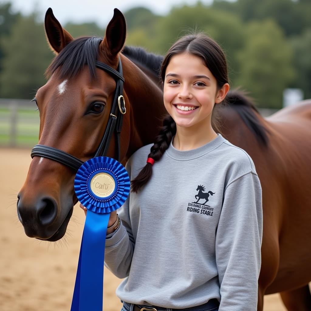 A young rider wearing a horse sweatshirt at a competition