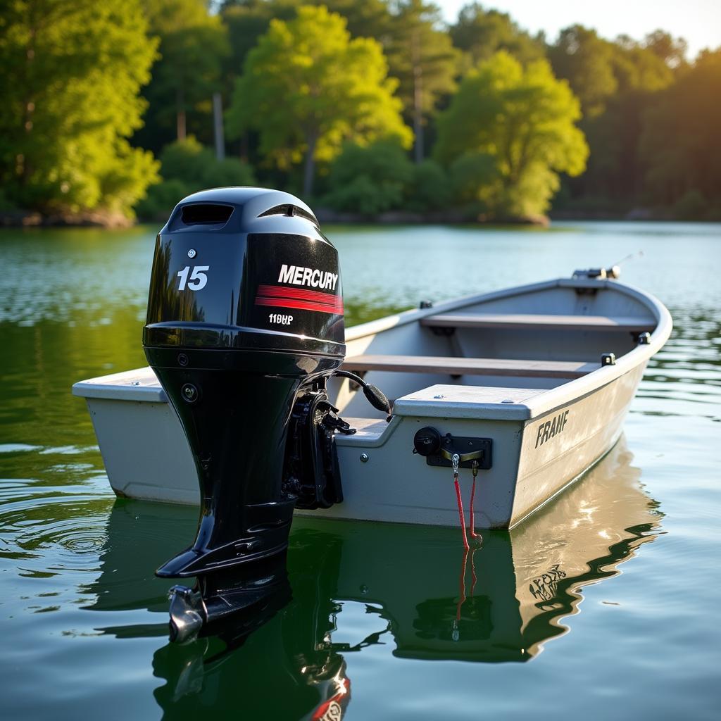 15 HP Mercury outboard motor powering a small fishing boat on a lake.