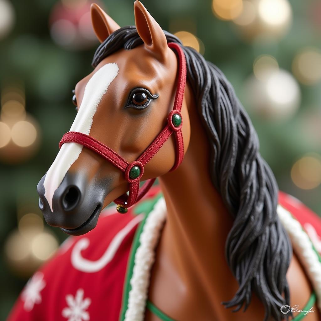 Close-up view of the 2017 Breyer Christmas Horse showcasing its intricate details and festive decorations.