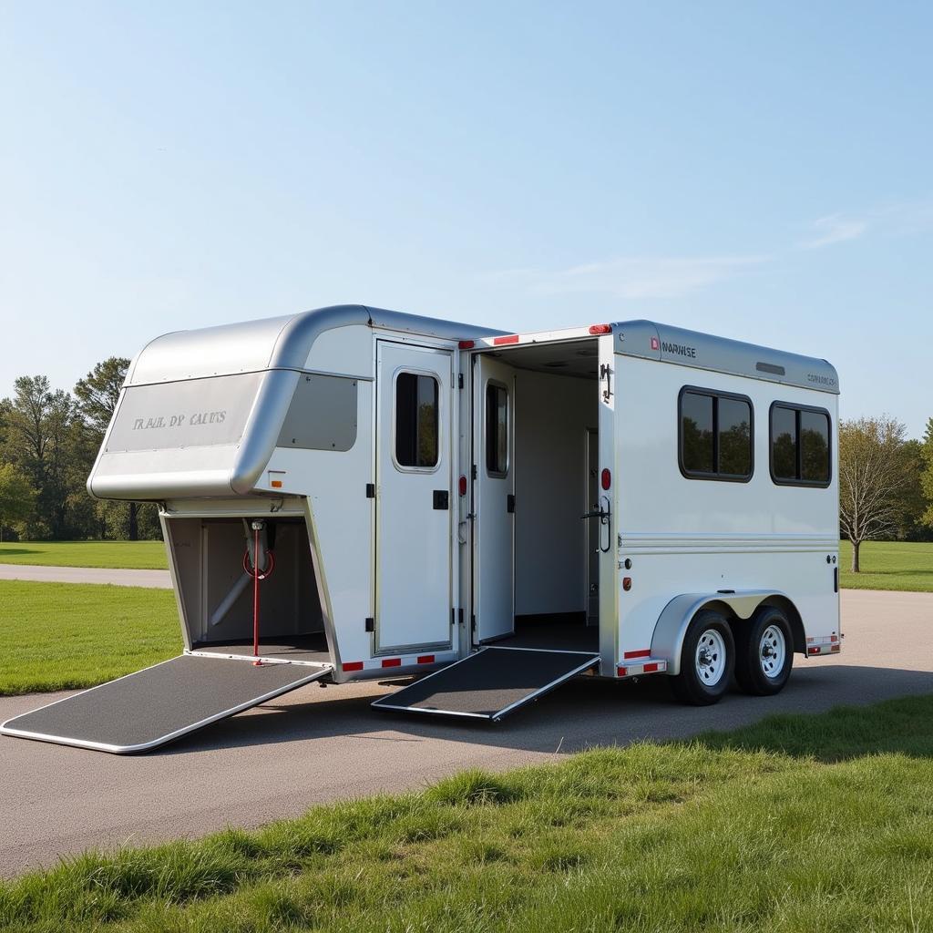 Exterior view of a sleek, modern 6 horse head to head trailer