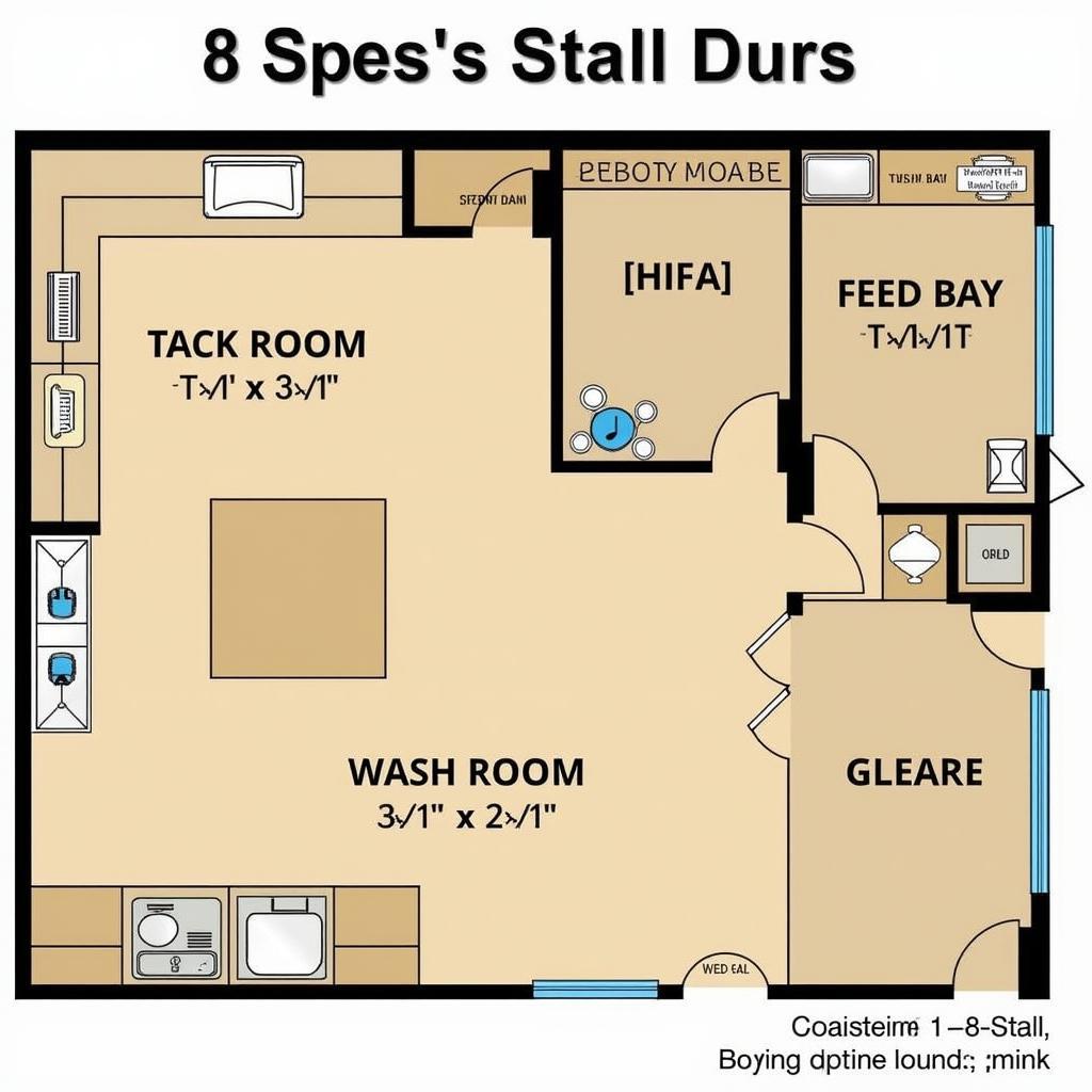 Interior Layout of an 8 Stall Horse Barn with Tack Room, Wash Bay, and Feed Room