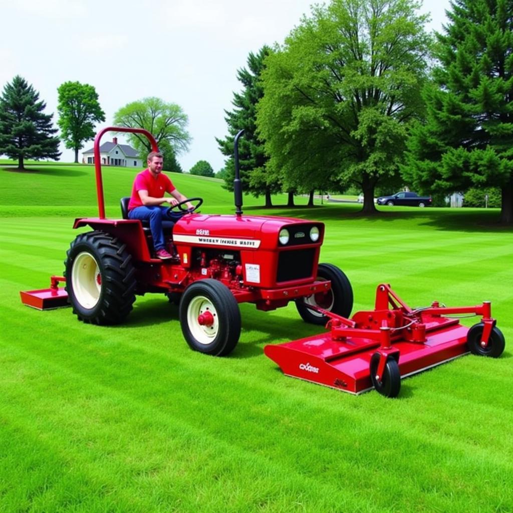 856 Wheel Horse tractor mowing a large lawn in a rural setting