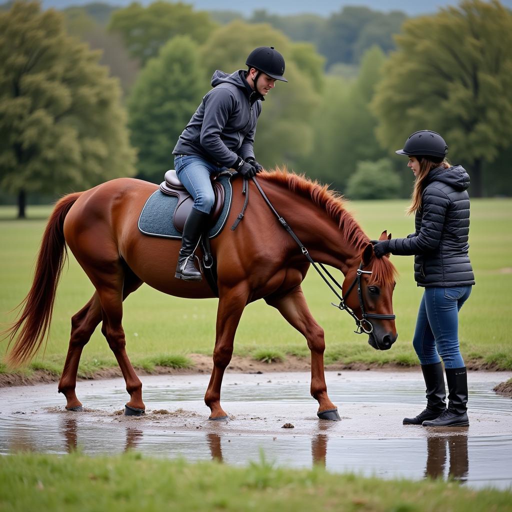 A horse refusing to cross a puddle