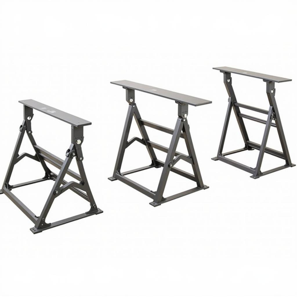 Adjustable steel saw horses set at different heights to demonstrate versatility.