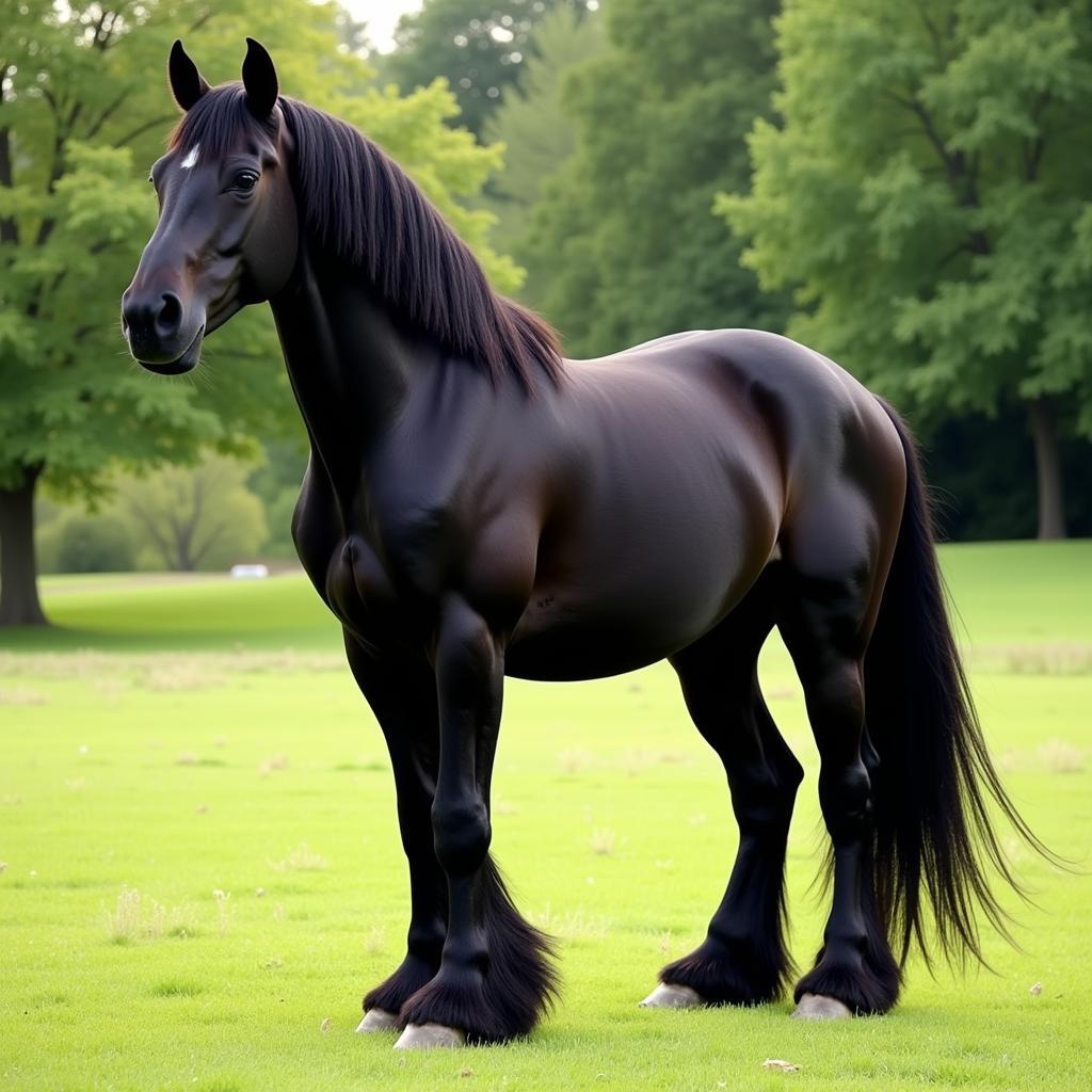 All Black Friesian Horse Standing in a Field