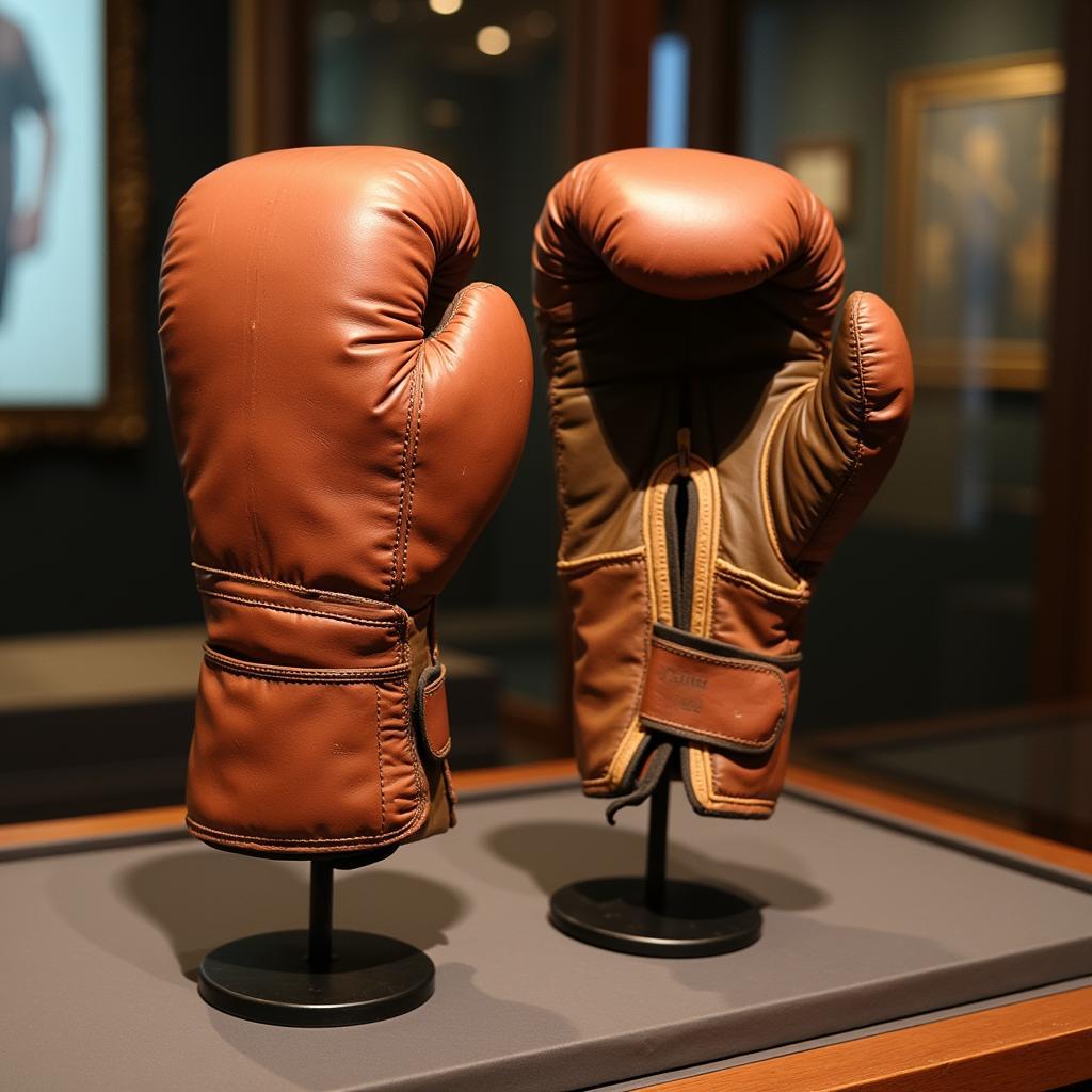 Antique Horse Hair Boxing Gloves on Display: A pair of antique horse hair boxing gloves displayed in a glass case in a museum.