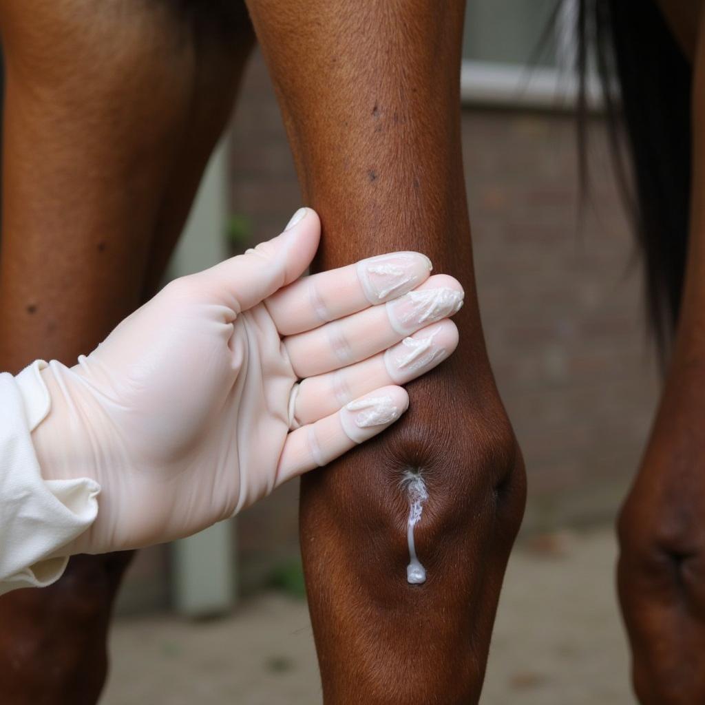 Applying ointment to a horse's heel with gloved hand