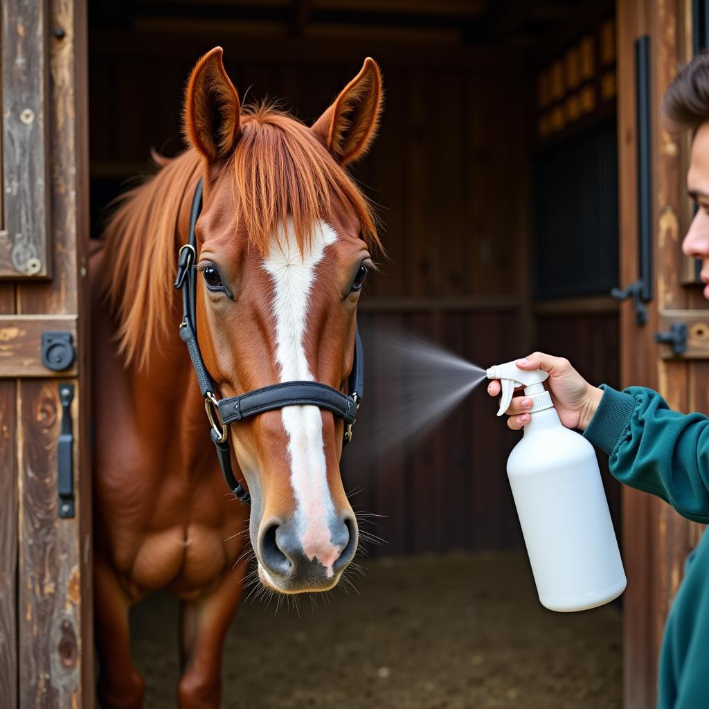 Applying Tick Spray to a Horse