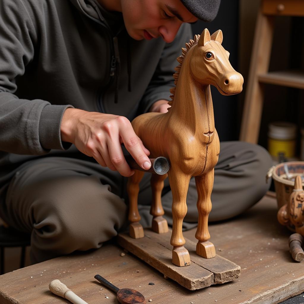 Artisan carving a wooden horse with traditional tools