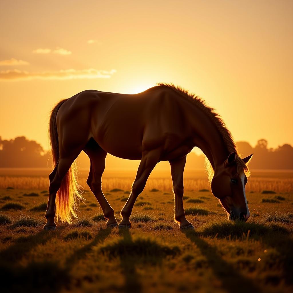 Bay Pearl Horse in a Field at Sunset: Showcasing the Shimmering Coat