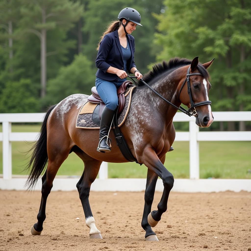 Experienced rider on a bay roan horse demonstrating proper riding technique.