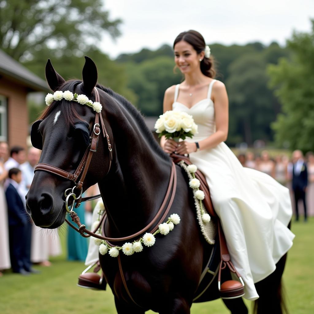 Bayonet black horse carrying a bride during a wedding ceremony