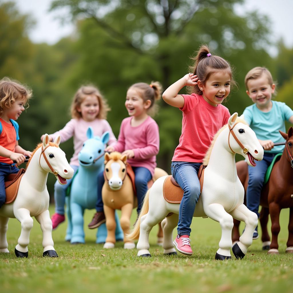 Children Playing with Rideable Toy Horses