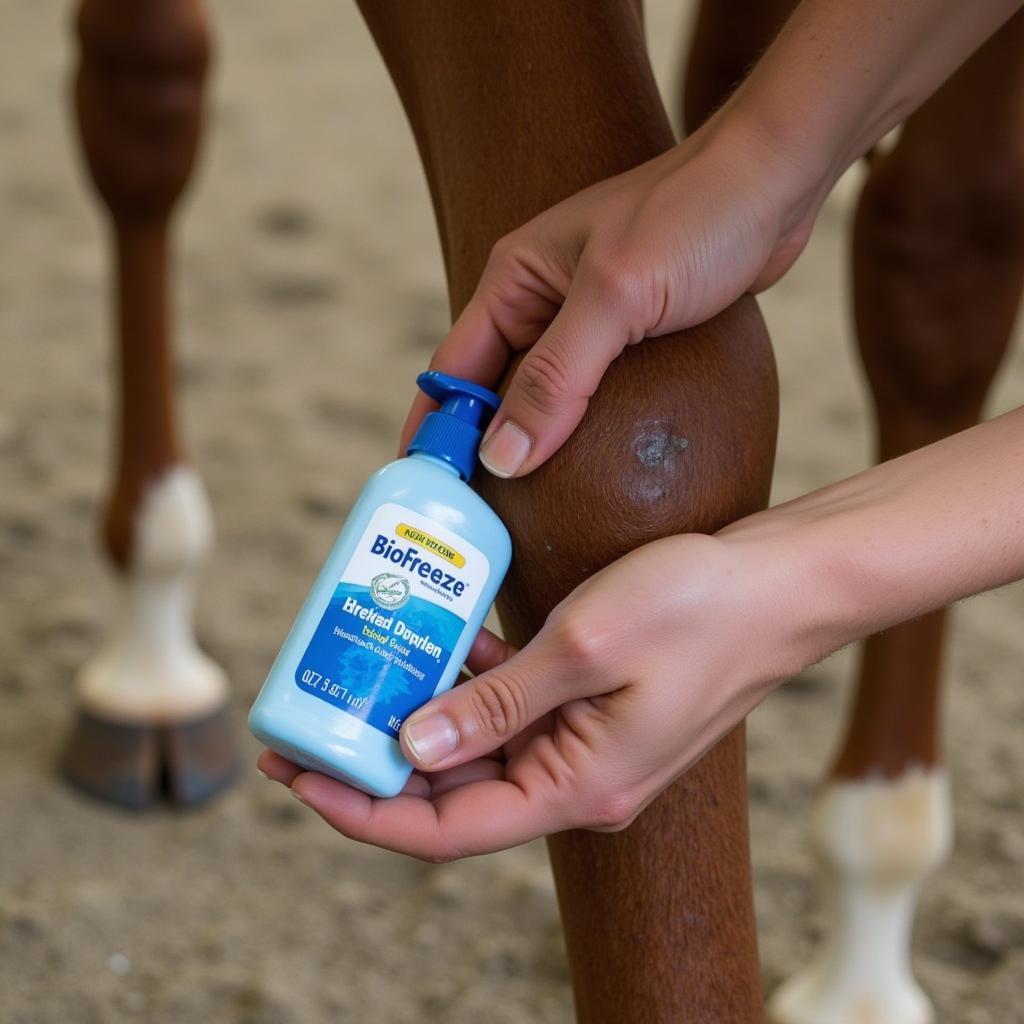 Applying Biofreeze Gel on a Horse's Leg