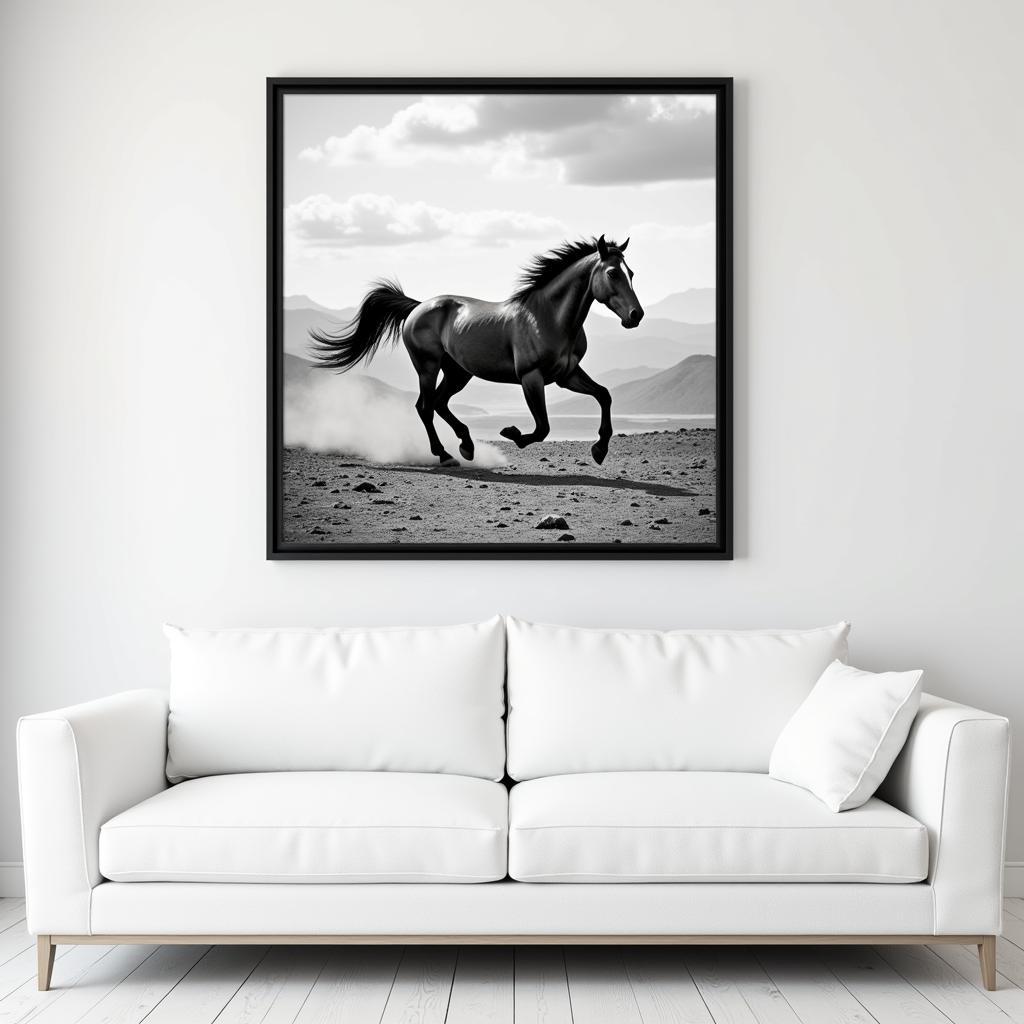 Black and White Framed Horse Print in a Modern Living Room