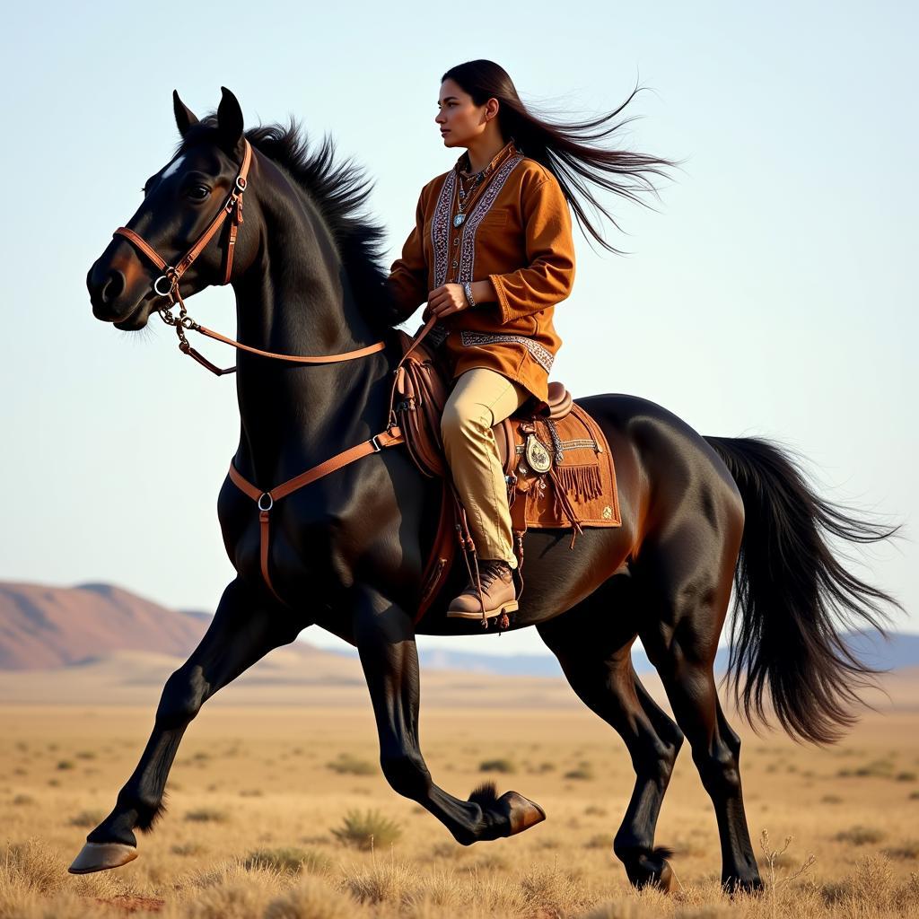 Black Horse with Native American Rider - Symbolizing Power and Freedom