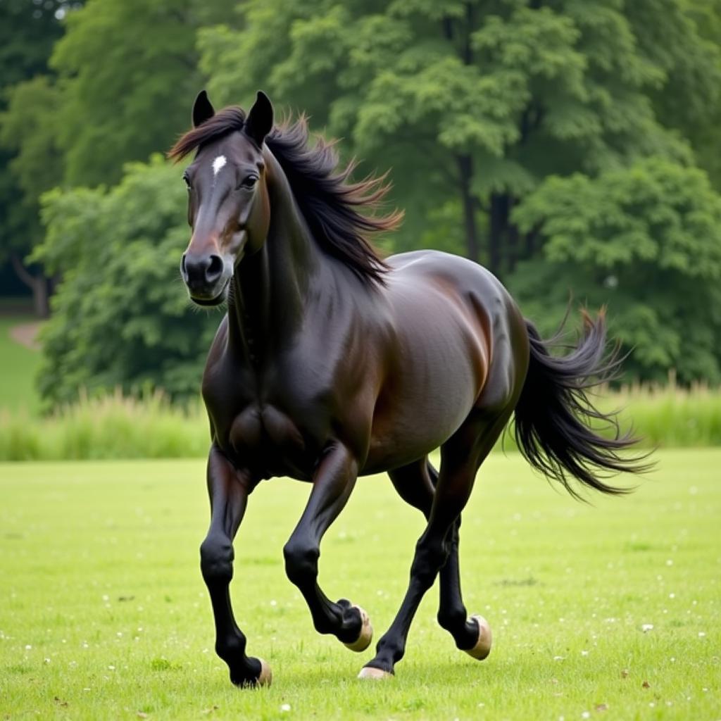 Black Horse Running Through a Field