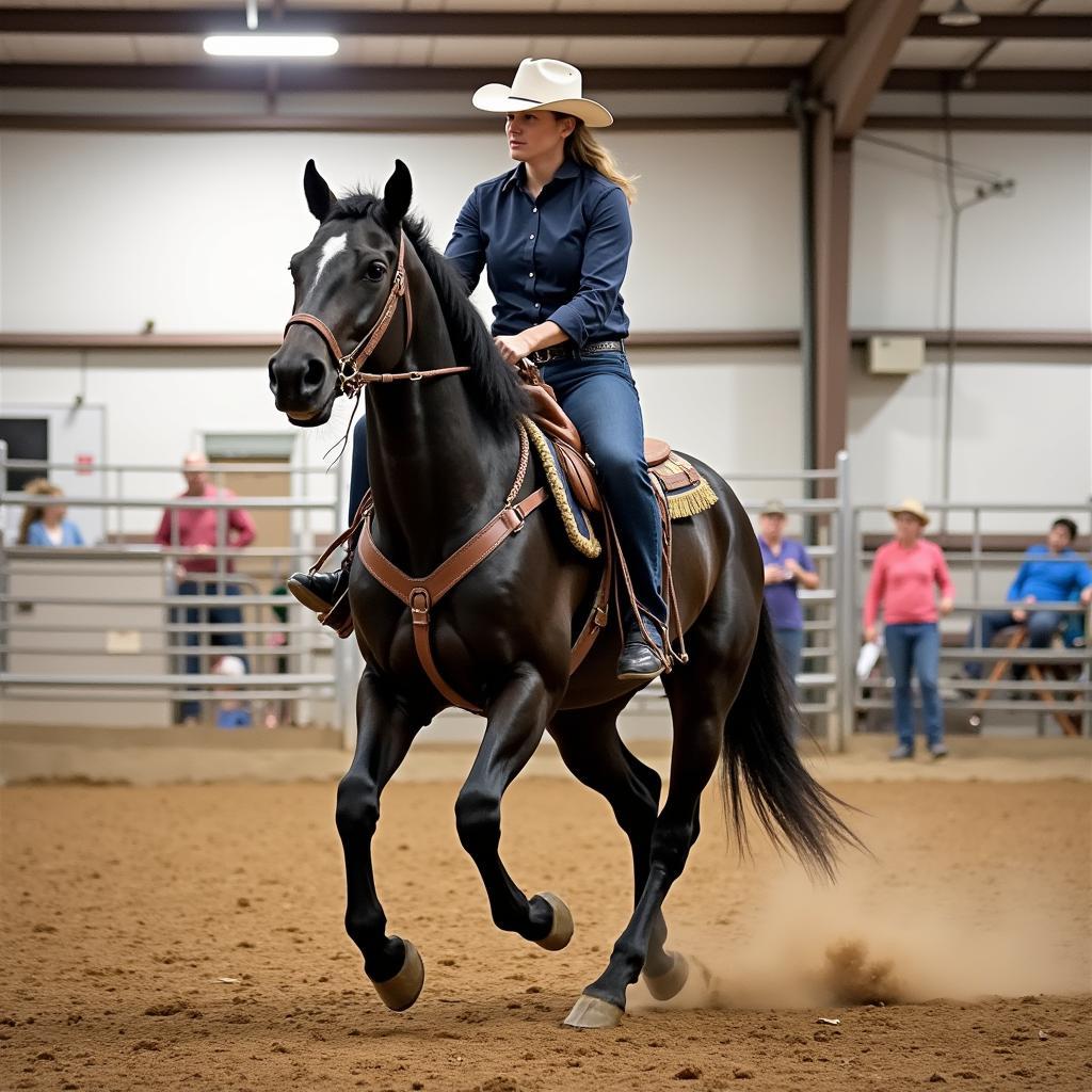 A black Quarter Horse being ridden Western style in an arena