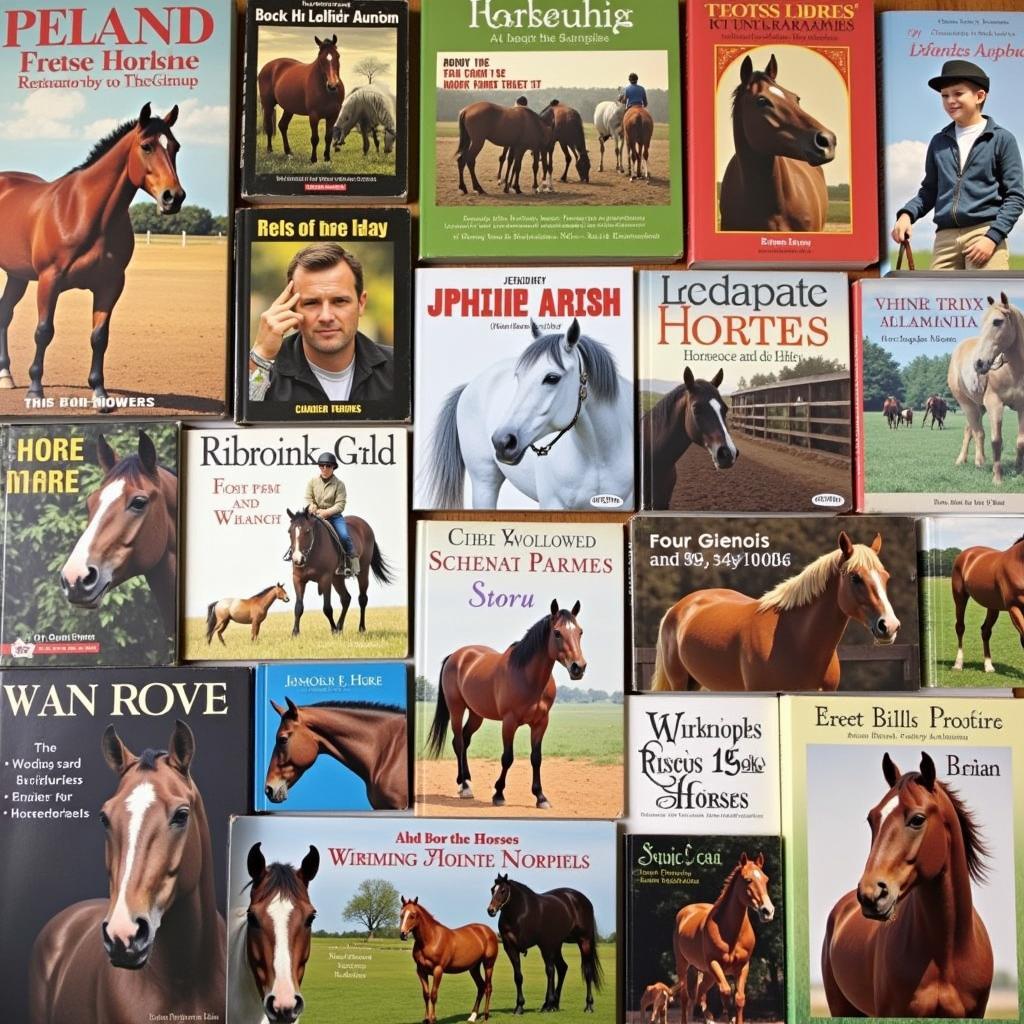 A wide selection of books about horses, covering various topics from care to fiction.