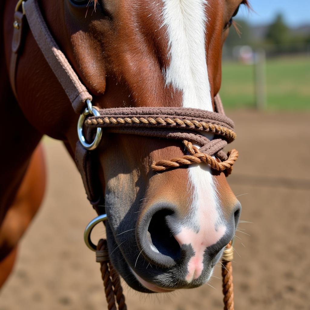 Close-up view of a bosal horse bridle