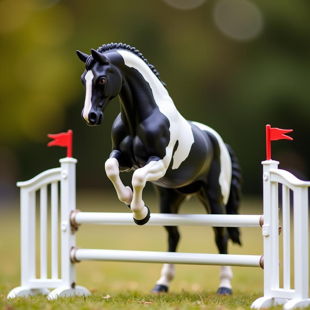 Breyer black and white paint horse jumping over a fence