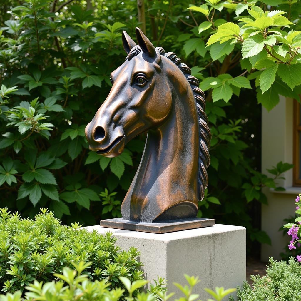 Bronze Horse Head Sculpture in Garden Setting