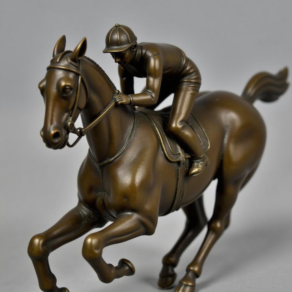 Antique Bronze Horse Jockey Figurine Depicting a Dynamic Racing Scene