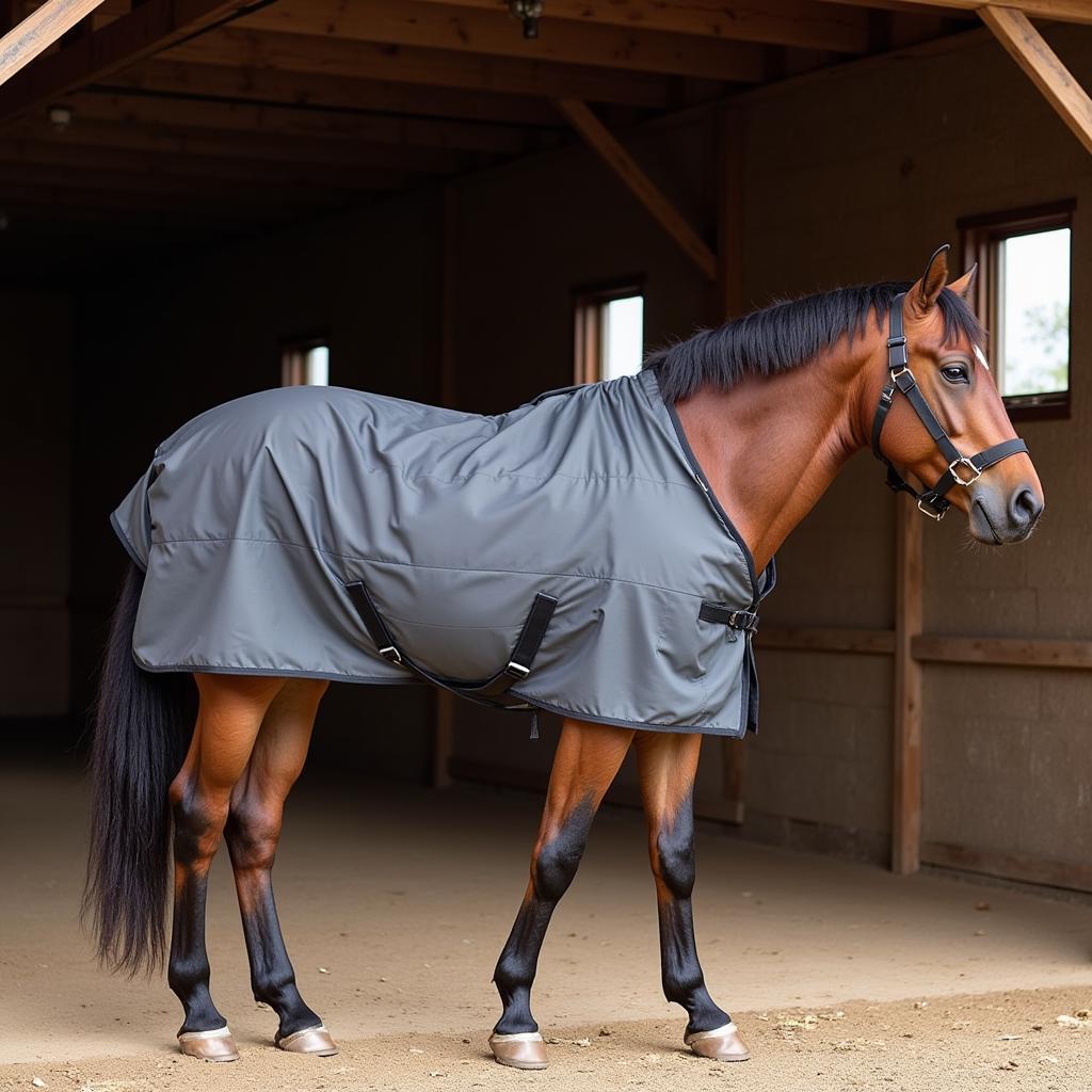 Brown Horse Relaxing in Stable with Magnet Blanket