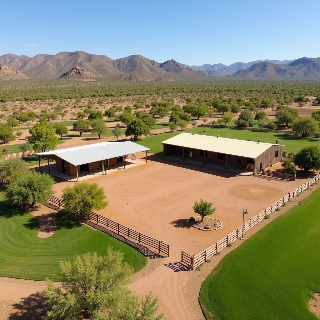 Aerial view of a horse property in Buckeye, AZ, showcasing sprawling acreage, stables, and riding arena.