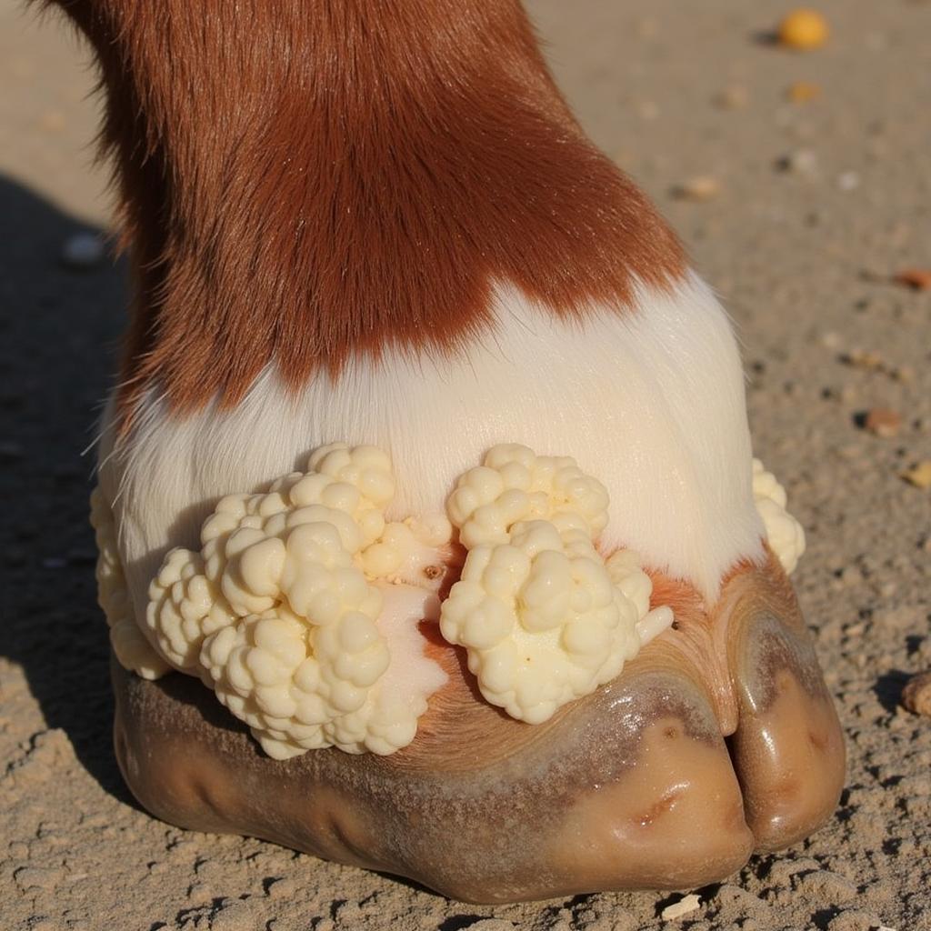 Close-up of a horse hoof affected by canker