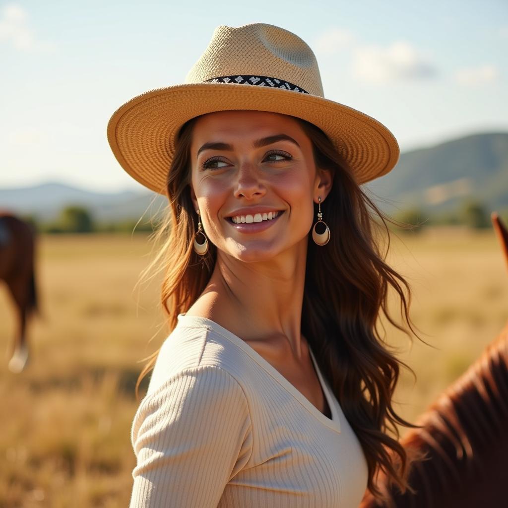 Woman Riding Horse Wearing Charlie Horse Straw Hat