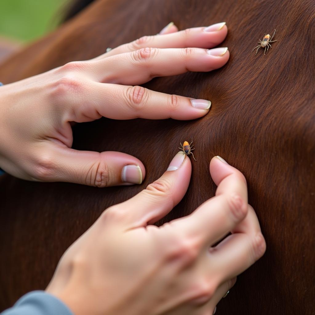 Checking a Horse for Ticks After Permethrin Application