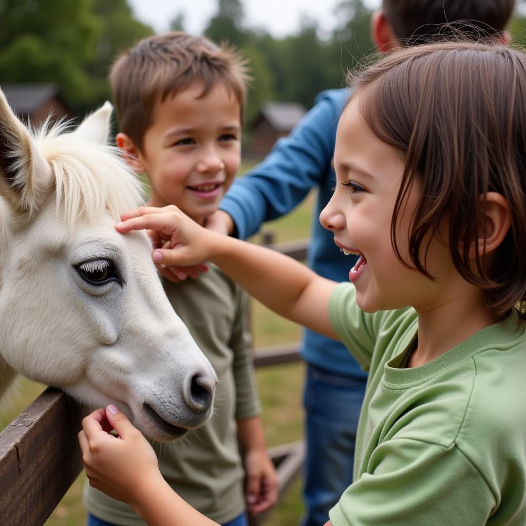 Child Interacting Safely with a Pony Under Adult Supervision