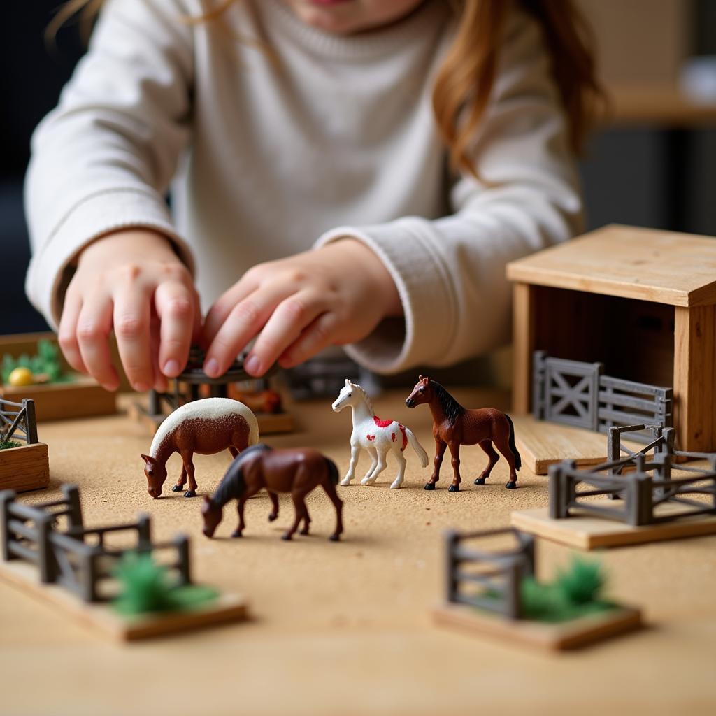 Child Playing with Horse Toy Figures