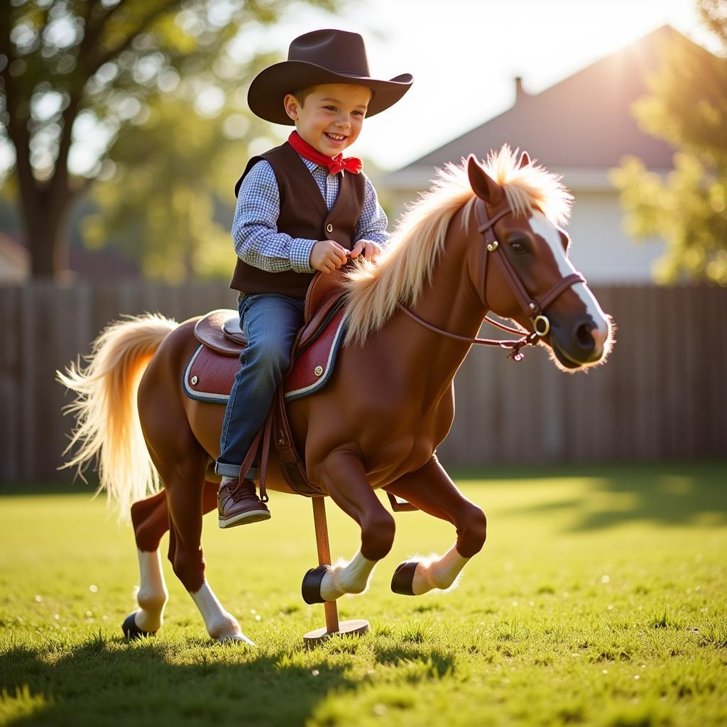 A child dressed as a cowboy riding a stick horse in their backyard.