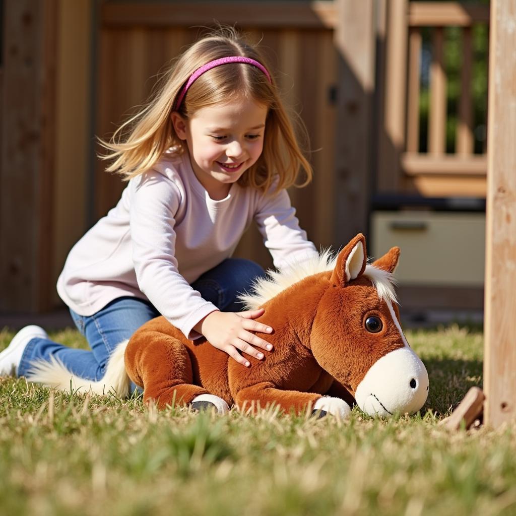 A Child Playing Imaginatively with a Stuffed Horse Toy