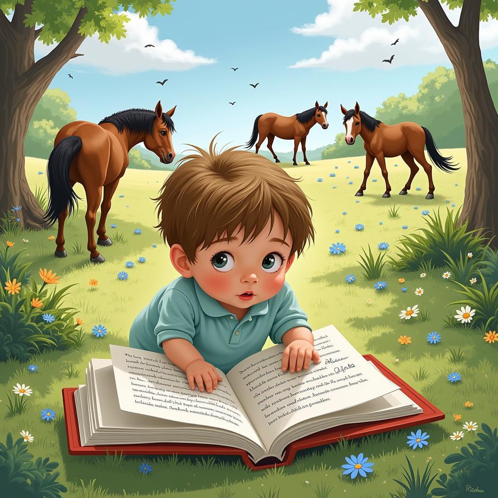 A child engrossed in reading a Chincoteague horse book, clearly captivated by the story.