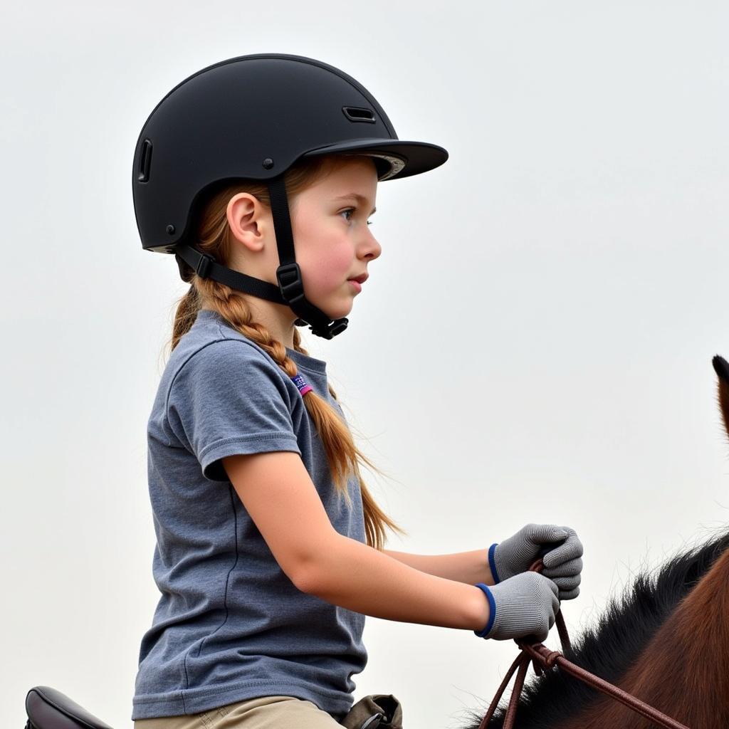 A child correctly wearing a horse riding helmet, demonstrating proper fit and secure fastening of the chin strap. The image emphasizes the importance of helmet safety for young riders. 