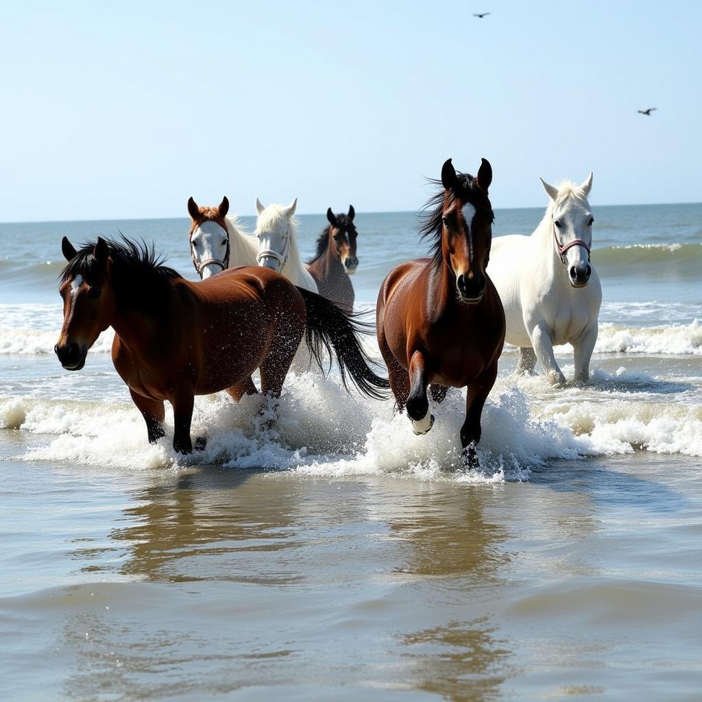 A breathtaking photograph capturing the annual Chincoteague Pony Swim, with ponies swimming across the channel.