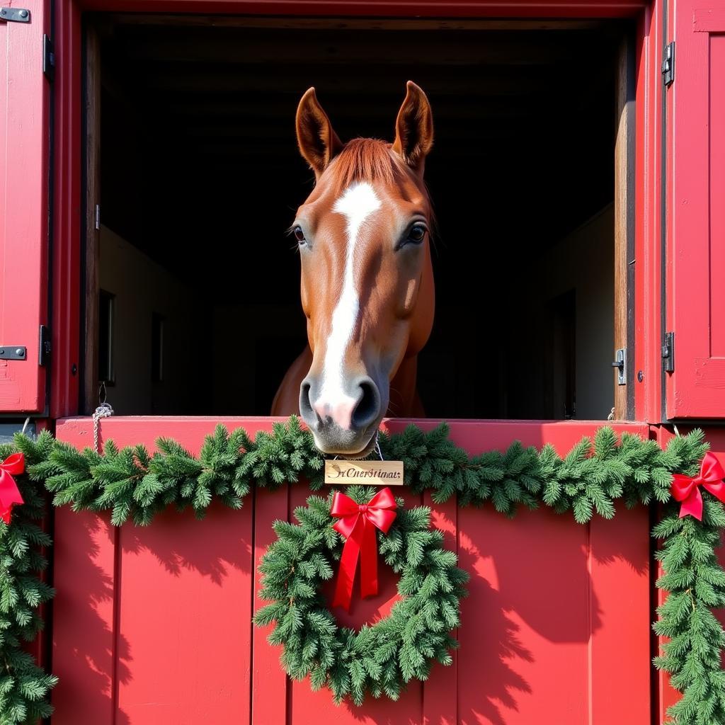 Christmas Horse Stall Decorations: A festive stall adorned with wreaths, garland, and red ribbons.