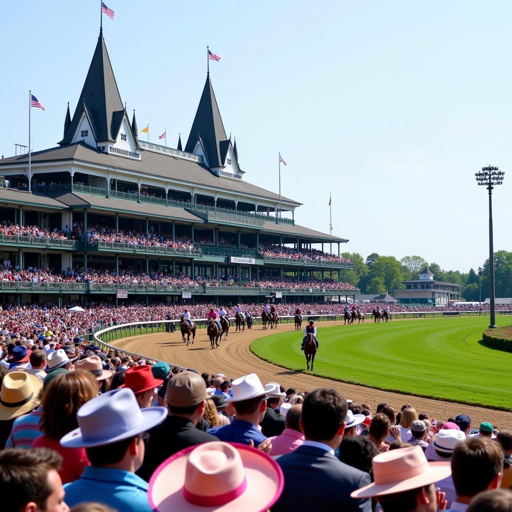 Churchill Downs Kentucky Derby: A vibrant image capturing the electric atmosphere of the Kentucky Derby at Churchill Downs, showcasing the iconic twin spires and the sea of spectators in colorful hats.