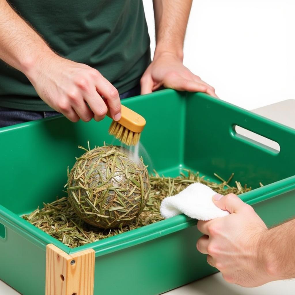 Cleaning a horse's hay ball feeder with soap and water.